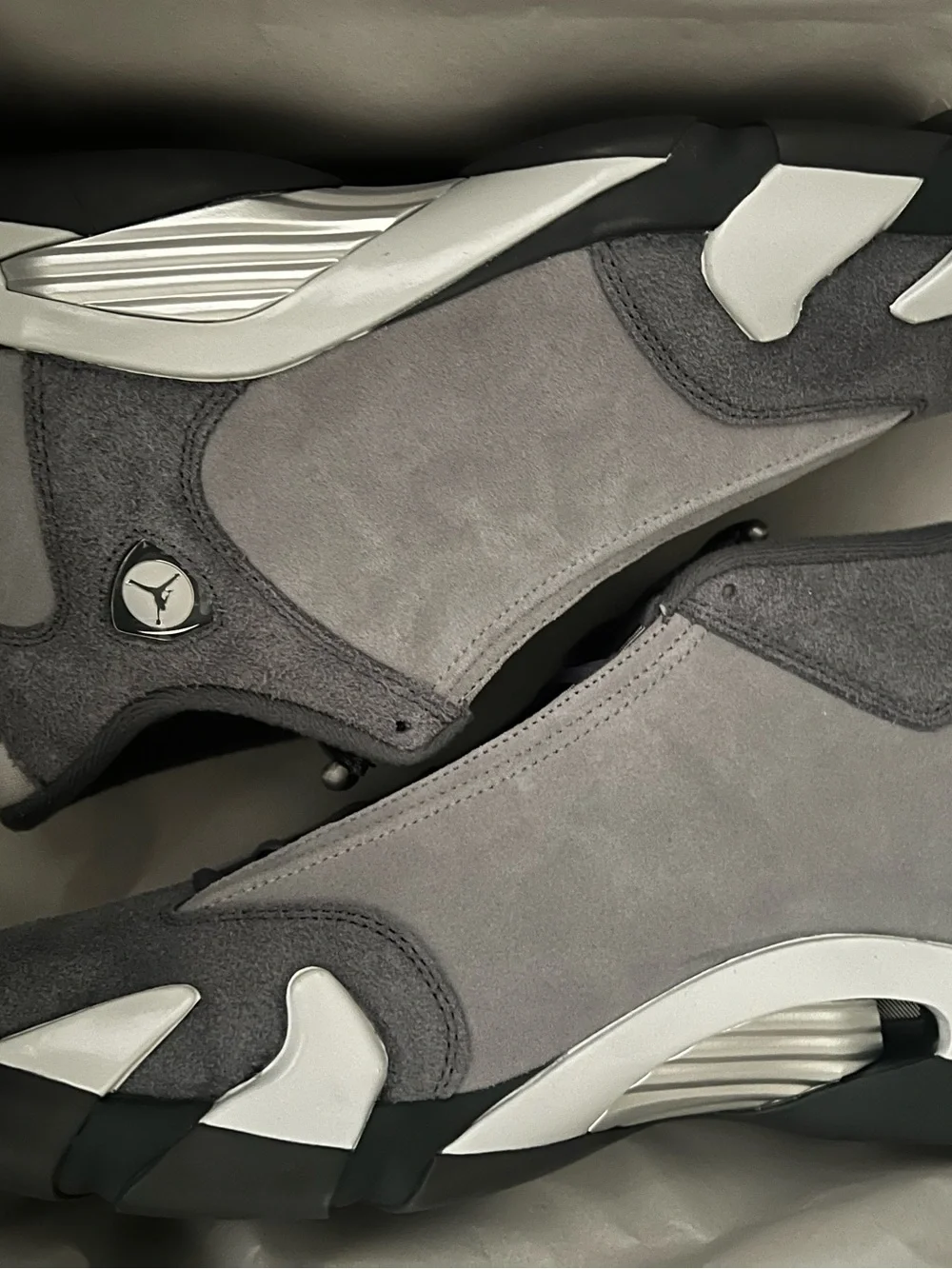 (Flint Grey) (2024) Jordan 14 Retro Suede Sneakers in Grey and White